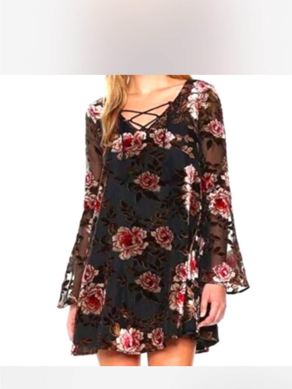 Cupcake and cashmere Floral Velvet Burnout Black Dress with Crisscross Neckline